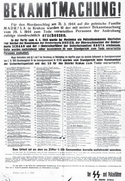 Niemiecki tzw. afisz śmierci, Kraków 6 IV 1944