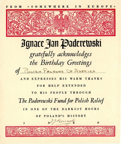 Podziękowanie Ignacego Jana Paderewskiego dla Sokolstwa Polskiego (zasób IPN)