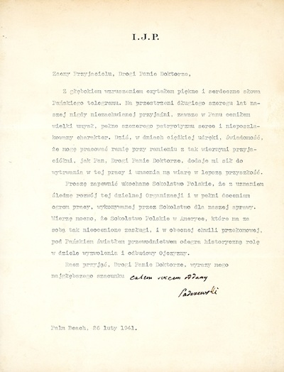 Maszynopis listu Ignacego Jana Paderewskiego do Tadeusza Starzyńskiego (zasób IPN)