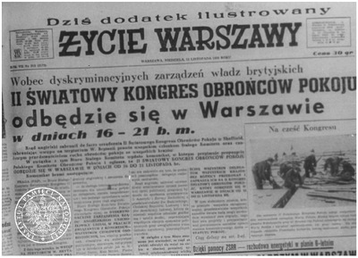 Pierwsza strona numeru dziennika „Życie Warszawy” z 12 listopada 1950 r. z artykułem zapowiadającym II Światowy Kongres Obrońców Pokoju. Kadr z propagandowego filmu „Droga walki” zrealizowanego w Biurze „B” Wydziału XII komunistycznego MSW. Fot. z zasobu IPN