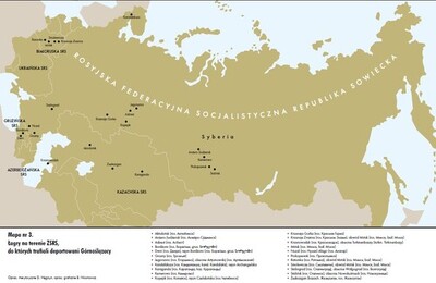 Łagry na terenie ZSRS, do których trafiali deportowani Górnoślązacy. Oprac. merytoryczne D. Węgrzyn, oprac. graficzne B. Nikonowicz. Za: Deportacje Górnoślązaków do ZSRS w 1945 roku. Teka edukacyjna, IPN Oddział w Katowicach, 2020, wydanie II rozszerzone i zaktualizowane