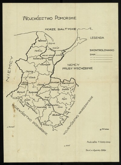 Druga Rzeczpospolita, mapa administracyjna województwa pomorskiego wydana w Toruniu w 1939 r. Ze zbiorów cyfrowych BN - polona.pl