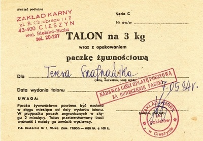 Więzienny talon Teresy Szafrańskiej na paczkę żywnościową, 1984 r.