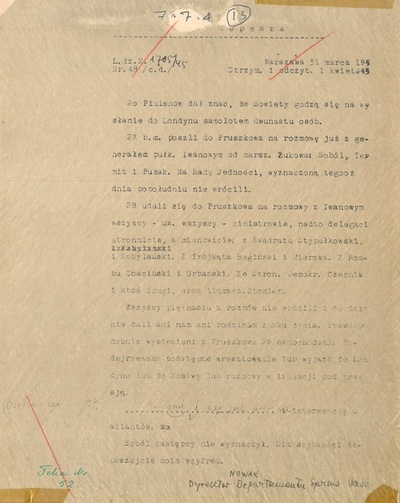 Depesza z 31 marca 1945 r. w sprawie aresztowania przywódców Polskiego Państwa Podziemnego. Z zasobu AIPN