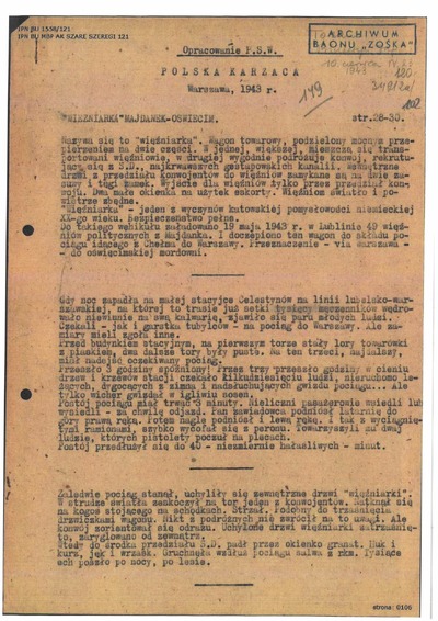Dokument dotyczący akcji w Celestynowie pochodzący z przechowywanego w zasobie Archiwum IPN w Warszawie depozytu Jerzego Zalewskiego zawierającego wspomnienia i relacje byłych członków batalionu „Zośka”. Ze zbiorów AIPN