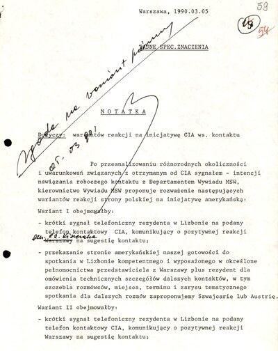 Notatka dyrektora Departamentu I MSW płk. Henryka Jasika z propozycjami wariantów spotkań z delegacją CIA (z zasobu IPN)