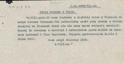 2 sierpnia 1944 r. Odpis depeszy z kraju Dowódcy AK – sytuacja w drugim dniu walk o Stolicę