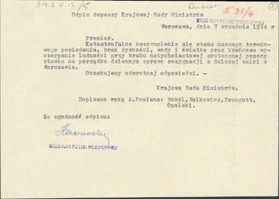 7 września 1944 r. Odpis depeszy Krajowej Rady Ministrów do Premiera RP
