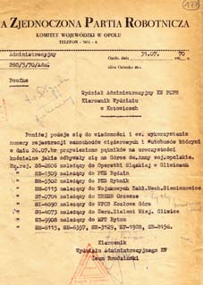 Pismo do KW PZPR w Opolu z numerami autobusów, które zostały odnotowane przez SB w czasie pielgrzymki
na Górę św. Anny