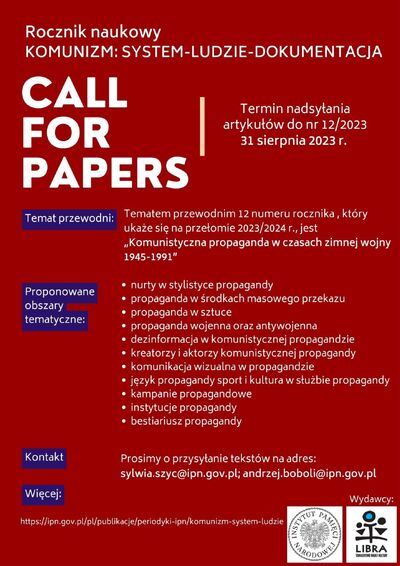 Nabór artykułów do nr 12 czasopisma „Komunizm: system–ludzie–dokumentacja” (termin nadsyłania artykułów 31 sierpnia 2023)