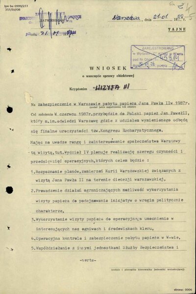 Wniosek o wszczęcie sprawy obiektowej krypt. „Wizyta III” dot. zabezpieczenia pobytu Papieża w Warszawie w 1987 r., IPN BU 0999_277, s.10-11