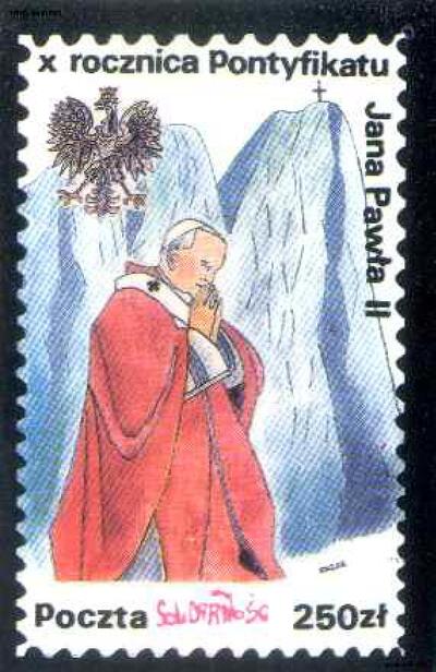 Znaczek wydany przez Pocztę Solidarność w związku z X rocznicą pontyfikatu papieża Jana Pawła II, IPN Kr 648_202, s. 137