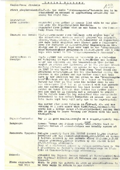 "Historia społeczna" Józefa Niedbały (dokument dotyczący losów dziecka pozbawionego opieki rodzicielskiej oraz jego rodziny) / Akta Pełnomocnika ds. Rewindykacji Dzieci PCK - Dzieci rewindykowane - akta osobowe N-O, l. 1943-1952 (poszyt dot. Józefa Niedbały) - GK 188/276, s. 199