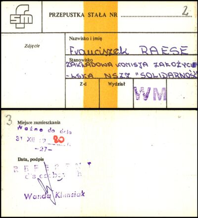 Przepustka FSM w Tychach wystawiona na członka Komitetu Założycielskiego NSZZ „Solidarność” Franciszka Raese