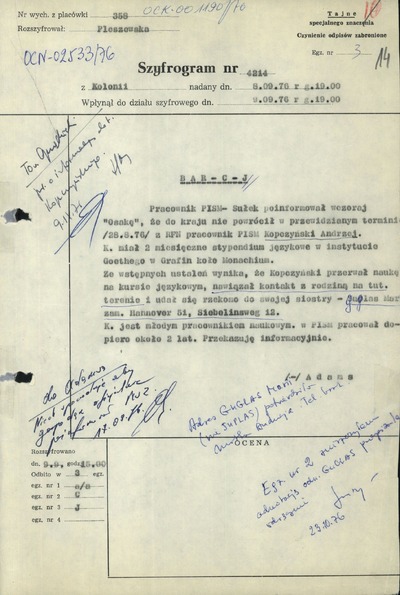 Szyfrogram rezydentury w Kolonii informujący o zaginięciu por. Andrzeja Kopczyńskiego (z zasobu IPN)