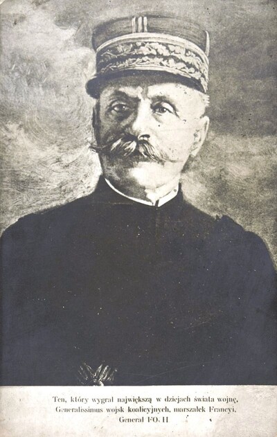 Pocztówka upamiętniająca marszałka Ferdynanda Focha, lata 20. XX w., fot. ze zb. Polona