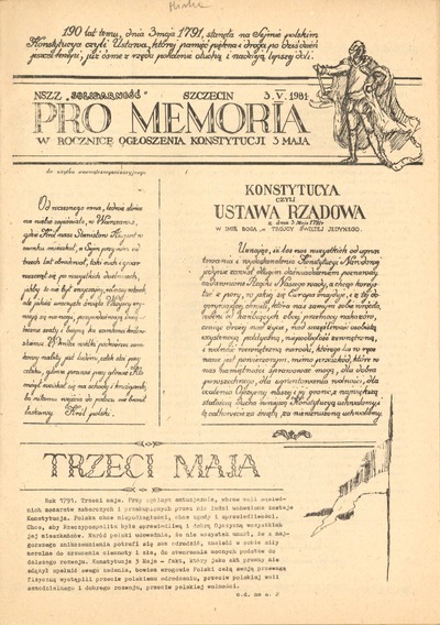 Czasopismo Organizacji Zakładowej NSZZ „Solidarność” przy Wojewódzkiej i Miejskiej Bibliotece Publicznej w Szczecinie: Pro Memoria w rocznicę ogłoszenia Konstytucji 3 Maja z dnia 03-05-1981 r.