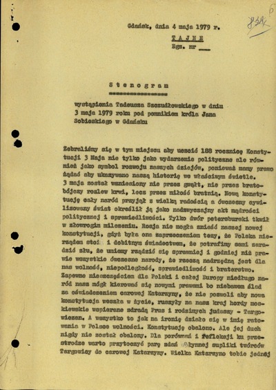 Stenogram wystąpienia Tadeusza Szczudłowskiego w dniu 3 maja 1979 r. pod pomnikiem króla Jana Sobieskiego w Gdańsku