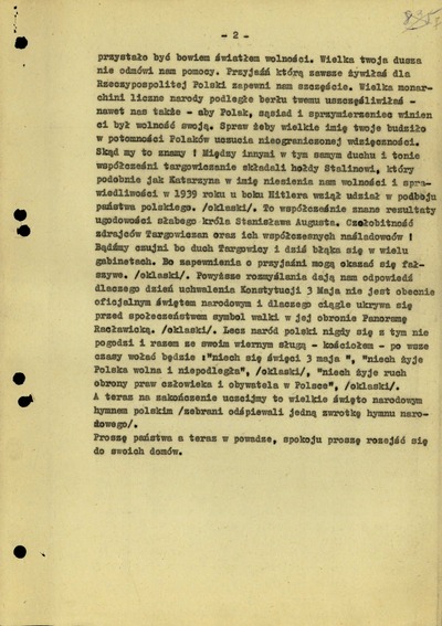 Stenogram wystąpienia Tadeusza Szczudłowskiego w dniu 3 maja 1979 r. pod pomnikiem króla Jana Sobieskiego w Gdańsku