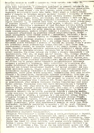 BIPS. Specjalny Serwis Informacyjny Biura informacji Prasowej „Solidarność”, nr 79 z dnia 14-05-1981 r., z artykułami dot. zamachu na papieża Jana Pawła II