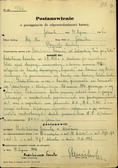 Postanowienie o pociągnięciu do odpowiedzialności karnej. Gdańsk 31 lipca 1946 r. (IPN Gd 323/1, s. 104)