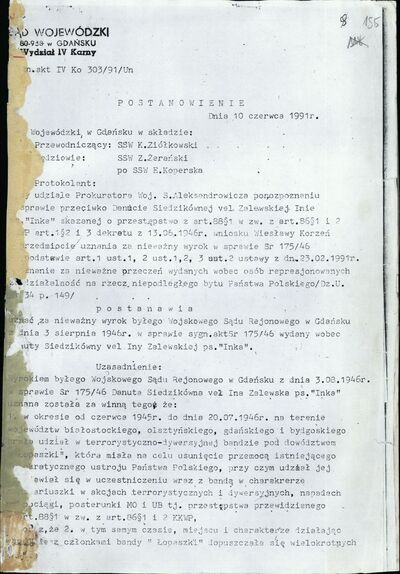 Postanowienie Sądu Wojewódzkiego w Gdańsku o unieważnieniu wyroku. Gdańsk 10 czerwca 1991 r. (IPN Gd 323/1, s. 155)