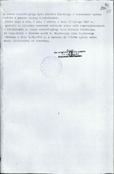 Postanowienie Sądu Wojewódzkiego w Gdańsku o unieważnieniu wyroku. Gdańsk 10 czerwca 1991 r. (IPN Gd 323/1, s. 157)