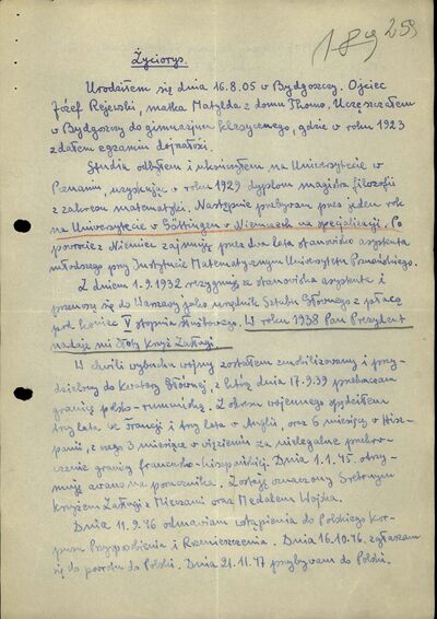 Życiorys spisany przez Mariana Rejewskiego (IPN By 044/200, k. 259)
