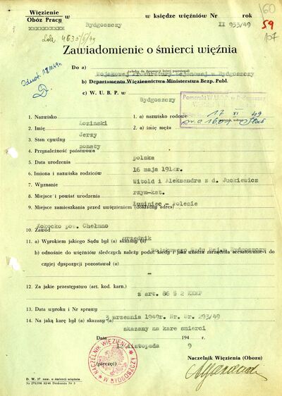 Protokoły wykonania wyroku śmierci na Jerzym Łozińskim, Witoldzie Milwidzie i Władysławie Subortowiczu. Bydgoszcz 12 listopada 1949 r. (IPN By 159/1, s. 107-112)