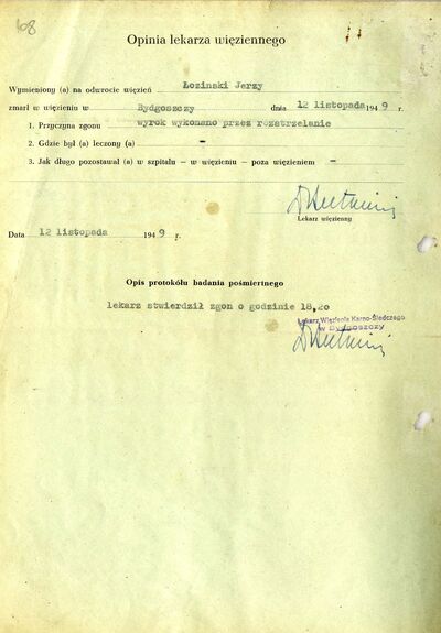 Protokoły wykonania wyroku śmierci na Jerzym Łozińskim, Witoldzie Milwidzie i Władysławie Subortowiczu. Bydgoszcz 12 listopada 1949 r. (IPN By 159/1, s. 107-112)