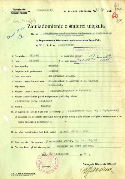 Protokoły wykonania wyroku śmierci na Jerzym Łozińskim, Witoldzie Milwidzie i Władysławie Subortowiczu. Bydgoszcz 12 listopada 1949 r. (IPN By 159/1, s. 107-112)