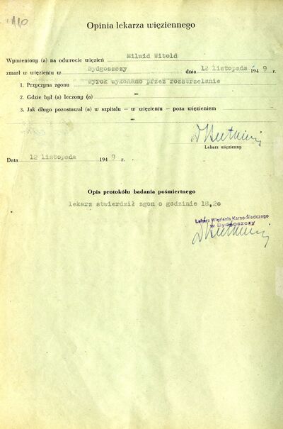 Protokoły wykonania wyroku śmierci na Jerzym Łozińskim, Witoldzie Milwidzie i Władysławie Subortowiczu. Bydgoszcz 12 listopada 1949 r. (IPN By 159/1, s. 107-112)