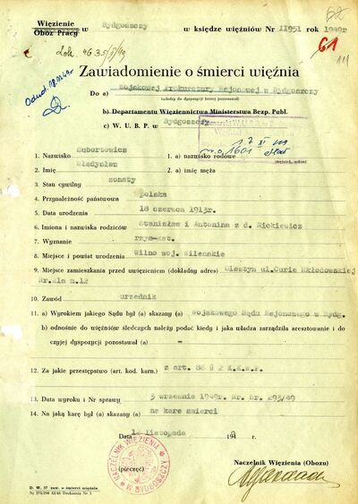 Protokoły wykonania wyroku śmierci na Jerzym Łozińskim, Witoldzie Milwidzie i Władysławie Subortowiczu. Bydgoszcz 12 listopada 1949 r. (IPN By 159/1, s. 107-112)