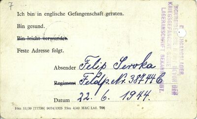 Karta pocztowa informująca o dostaniu się do niewoli brytyjskiej (IPN Gd 892/1)