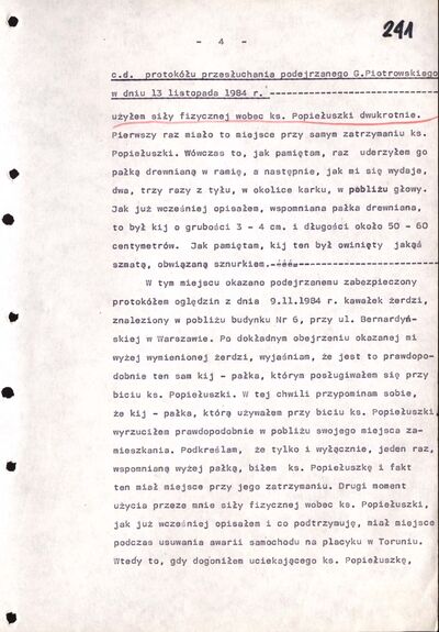 Protokół przesłuchania Grzegorza Piotrowskiego. Warszawa 13 listopada 1984 r. (IPN By 361/6, k. 239-244)