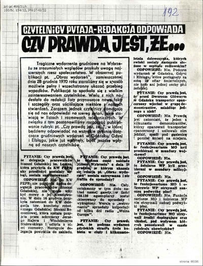 Jeden z listów będących reakcją czytelników na artykuły prasowe dotyczące wydarzeń grudniowych 1970 r.