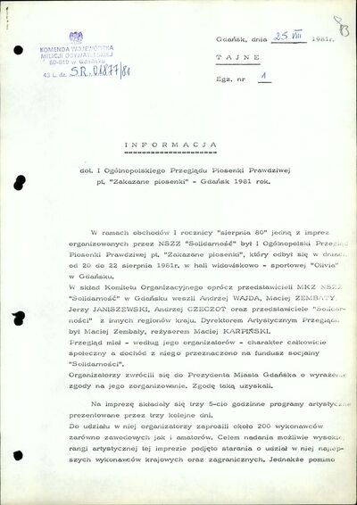 Informacja dot. I Ogólnopolskiego Przeglądu Piosenki Prawdziwej w Gdańsku. Gdańsk 25 sierpnia 1981 r. (IPN Gd 003/166 t. 19, k. 83)