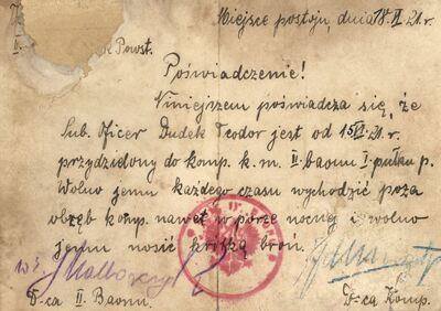 4. Zaświadczenie dla powstańca Teodora Dudka z okresu III powstania śląskiego.