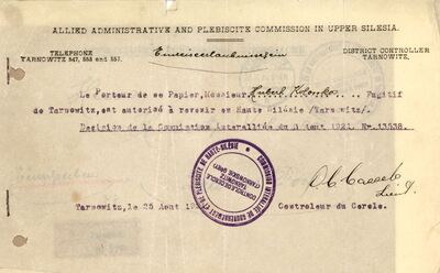 7. Dokument wystawiony przez Międzysojuszniczą Komisję Rządzącą i Plebiscytową na Górnym Śląsku.
