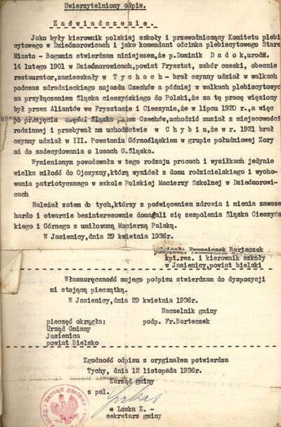 11. Zaświadczenie o udziale w powstaniach śląskich.