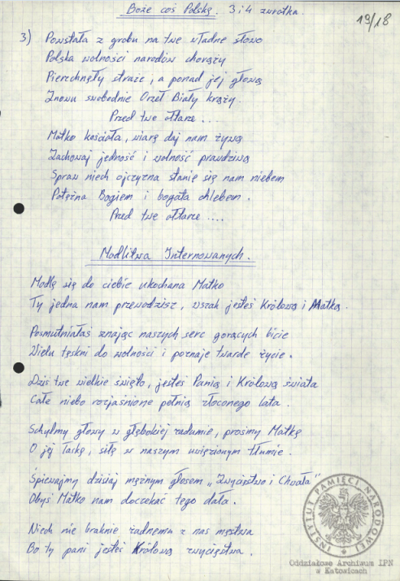 Wiersze, pieśni i modlitwy internowanych odnalezione w aktach Alfreda Cofalika, pracownika KWK „Szczygłowice, organizatora NSZZ „S” i KPN w tej kopalni, internowanego w Zabrzu-Zaborzu, Strzelcach Opolskich i Uhercach (AIPN Ka 043/1008).