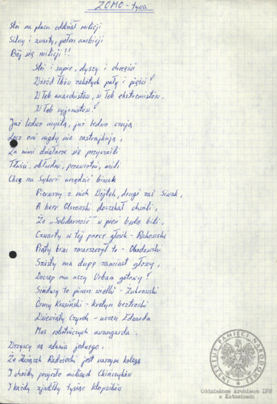 Wiersze, pieśni i modlitwy internowanych odnalezione w aktach Alfreda Cofalika, pracownika KWK „Szczygłowice, organizatora NSZZ „S” i KPN w tej kopalni, internowanego w Zabrzu-Zaborzu, Strzelcach Opolskich i Uhercach (AIPN Ka 043/1008).