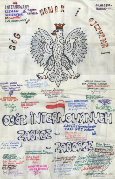 Makatki z podpisami internowanych ofiarowane Alfredowi Cofalikowi, pracownikowi KWK „Szczygłowice, organizatorowi NSZZ „S” i KPN w tej kopalni, z okresu internowania w Zabrzu-Zaborzu (AIPN Ka 043/1008, k. 19).