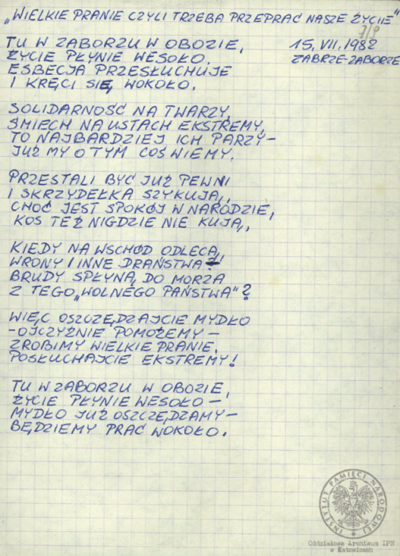 Wiersze i pieśni internowanych odnalezione w aktach Józefa Bujoczka, pracownika KWK „Julian”, internowanego w Zabrzu-Zaborzu i Uhercach (AIPN Ka 043/985, t. 2).