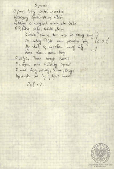 Wiersze i pieśni internowanych odnalezione w aktach Józefa Bujoczka, pracownika KWK „Julian”, internowanego w Zabrzu-Zaborzu i Uhercach (AIPN Ka 043/985, t. 2).
