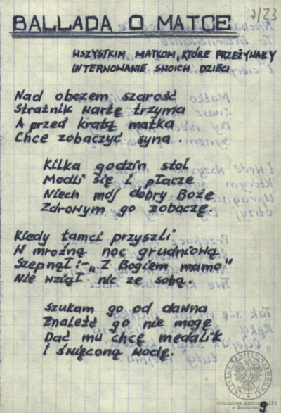 Wiersze i pieśni internowanych odnalezione w aktach Józefa Bujoczka, pracownika KWK „Julian”, internowanego w Zabrzu-Zaborzu i Uhercach (AIPN Ka 043/985, t. 2).