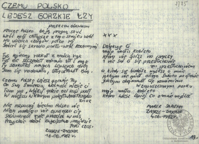 Wiersze i pieśni internowanych odnalezione w aktach Józefa Bujoczka, pracownika KWK „Julian”, internowanego w Zabrzu-Zaborzu i Uhercach (AIPN Ka 043/985, t. 2).