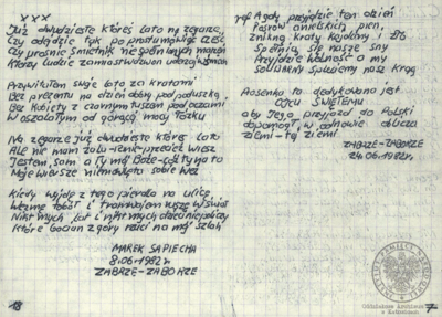 Wiersze i pieśni internowanych odnalezione w aktach Józefa Bujoczka, pracownika KWK „Julian”, internowanego w Zabrzu-Zaborzu i Uhercach (AIPN Ka 043/985, t. 2).