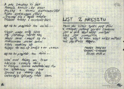 Wiersze i pieśni internowanych odnalezione w aktach Józefa Bujoczka, pracownika KWK „Julian”, internowanego w Zabrzu-Zaborzu i Uhercach (AIPN Ka 043/985, t. 2).