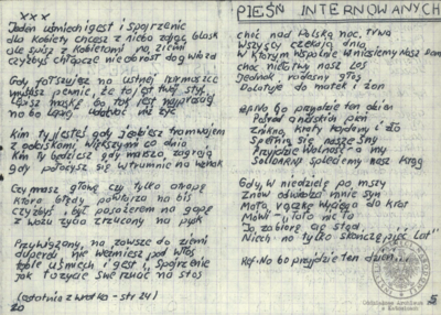 Wiersze i pieśni internowanych odnalezione w aktach Józefa Bujoczka, pracownika KWK „Julian”, internowanego w Zabrzu-Zaborzu i Uhercach (AIPN Ka 043/985, t. 2).